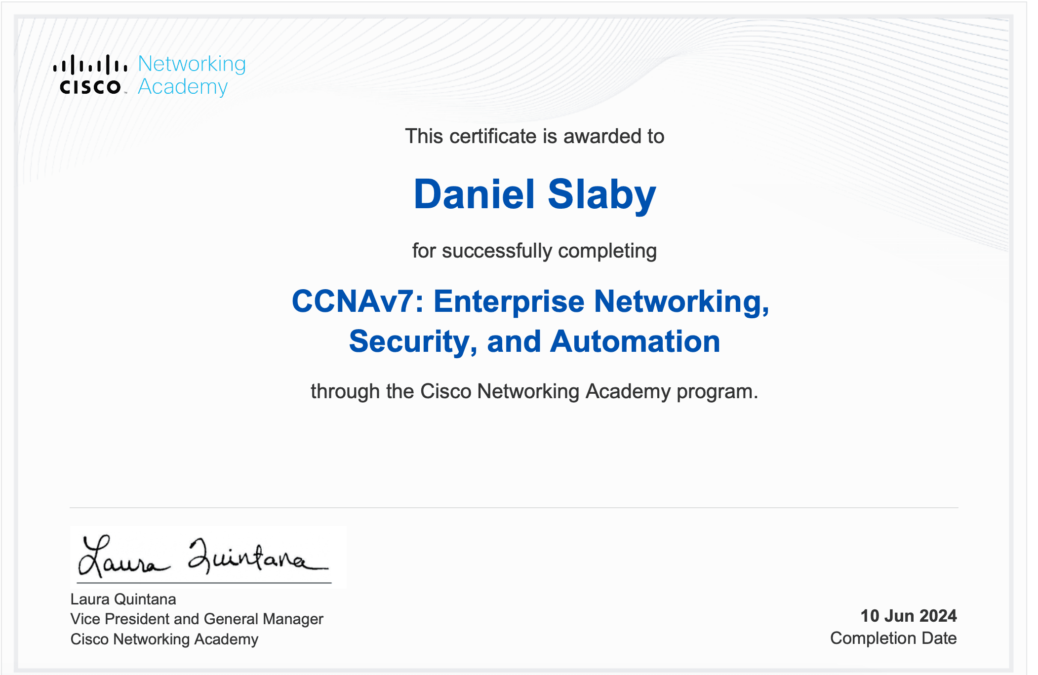 Screenshot of CCNA: Enterprise Networking, Security, and Automation certificate
